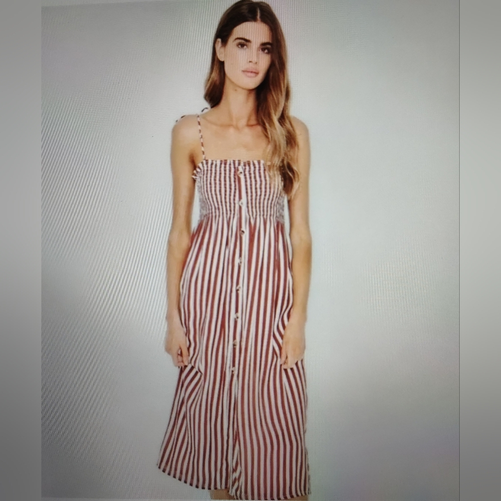 Anthropologie Faithfull The Brand 6 Suki Smocked Zeus Stripe Midi Dress - Picture 2 of 9